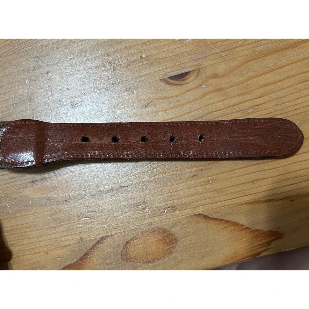 Talbots Woven Belt Brown Leather Trim Olive Green Large Classic Preppy Old Money